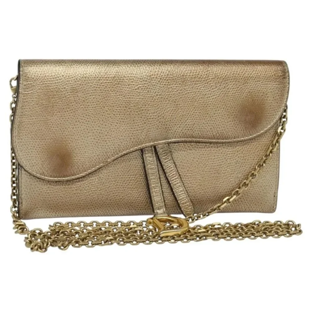 Christian Dior Saddle Chain Wallet Leather Brown Gold Auth hk2524 - Picture 2 of 16